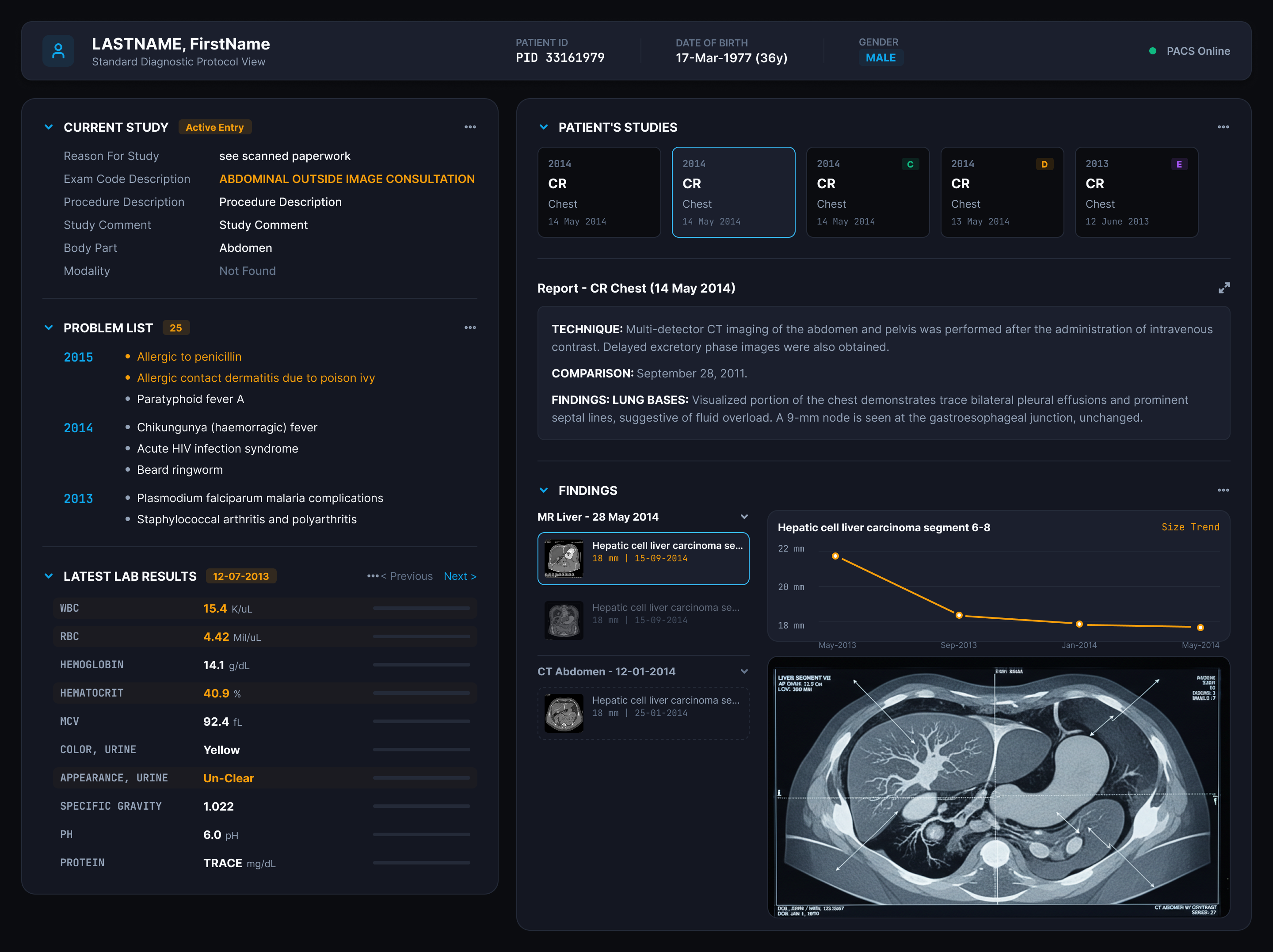 Radiology workspace with patient history, findings, and diagnostic imaging